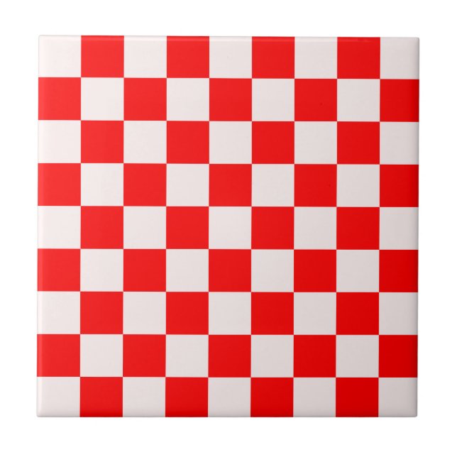 Azulejo De Cerâmica Padrão de Verificação Vermelho e Branco (Frente)
