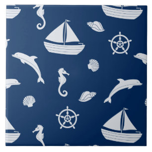 Azulejo De Cerâmica Padrão de vida marinha e de navegação