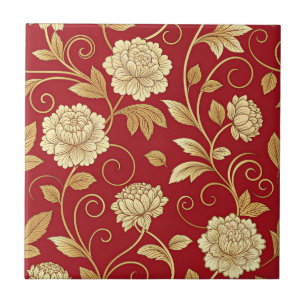 Azulejo De Cerâmica Padrão de Videira Floral Carmesim Elegante