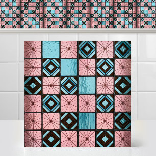Azulejo De Cerâmica Padrão de Vidro Colorido Xadrez Explosão Solar Ret