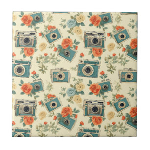 Azulejo De Cerâmica Padrão de Vintage Floral & Camera