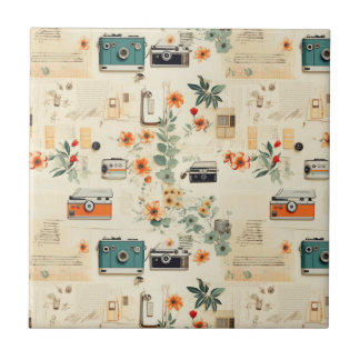 Azulejo De Cerâmica Padrão de Vintage Floral & Camera (6)