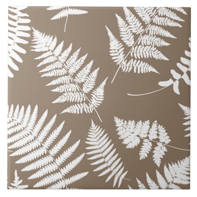 Azulejo De Cerâmica Padrão de Woodland Fern, Taupe Tan e Branco (Frente)