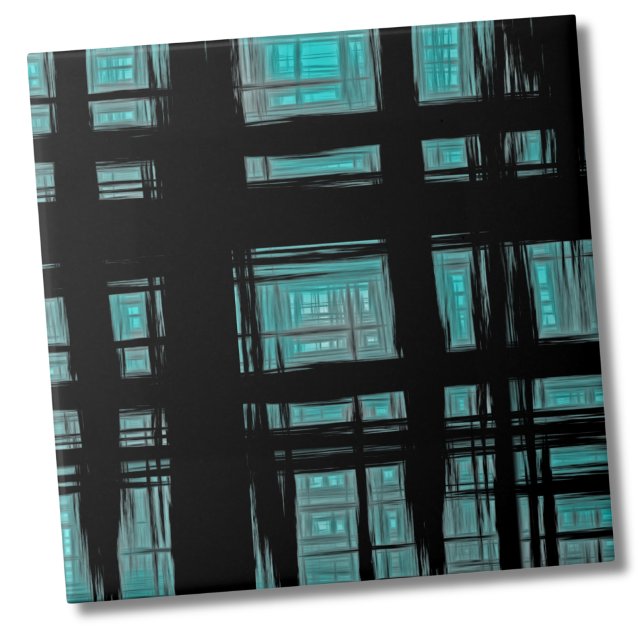 Azulejo De Cerâmica Padrão de Xadrez moderna do na moda (Stylish Abstract Turquoise Black Plaid Pattern ceramic tile)