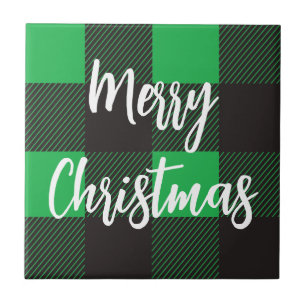 Azulejo De Cerâmica Padrão de Xadrez Verde Feliz Natal