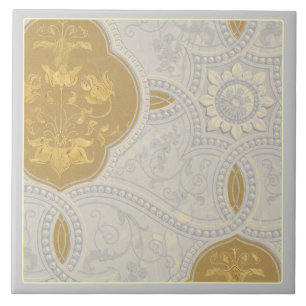 Azulejo De Cerâmica Padrão Decorativo Creme e Dourado