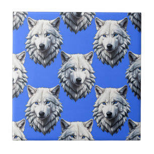 Azulejo De Cerâmica Padrão Design Azul da Cabeça do Lobo Branco
