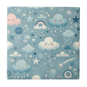 Azulejo De Cerâmica Padrão do Céu Whimsical com Nuvens, Estrelas - Azu