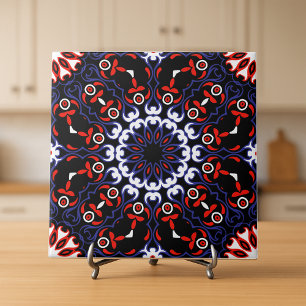 Azulejo De Cerâmica Padrão do mosaico Boho Azul-Vermelho Negro