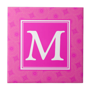 Azulejo De Cerâmica Padrão dos círculos rosa a quente do monograma