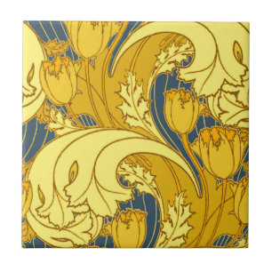 Azulejo De Cerâmica Padrão Dourado da Tulipa Azul da Vintage