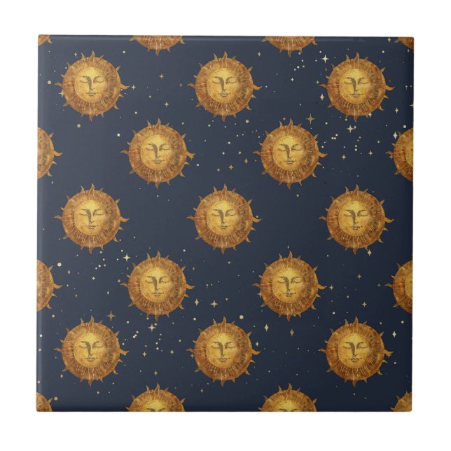 Azulejo De Cerâmica Padrão Dourado do Sol Celestial (1) (Frente)