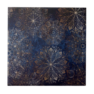 Azulejo De Cerâmica Padrão Dourado e azul escura de Mandala