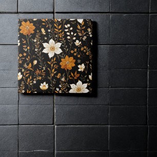 Azulejo De Cerâmica Padrão Dourado Floral do Boho de outono Preto