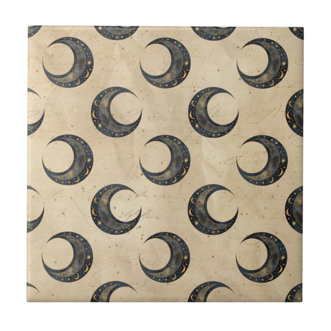 Azulejo De Cerâmica Padrão Dourado Lua Celestial Boho (Frente)