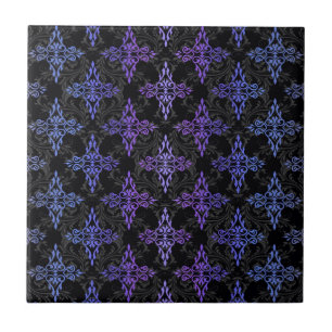 Azulejo De Cerâmica Padrão Duplo Damasco Preto Azul Roxo