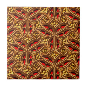 Azulejo De Cerâmica Padrão Egípcio Dourado e Vermelho Decorativo Vinta