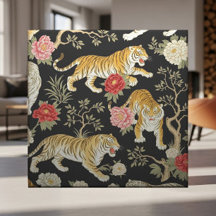 Azulejo De Cerâmica Padrão Elegante de Chinoiserie Preto com Tigre e P