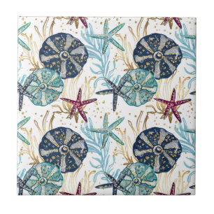 Azulejo De Cerâmica Padrão Elegante de Tesouros Azuis e Dourados do Oc