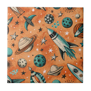 Azulejo De Cerâmica Padrão Espacial Foguete Retro Terracota Teal