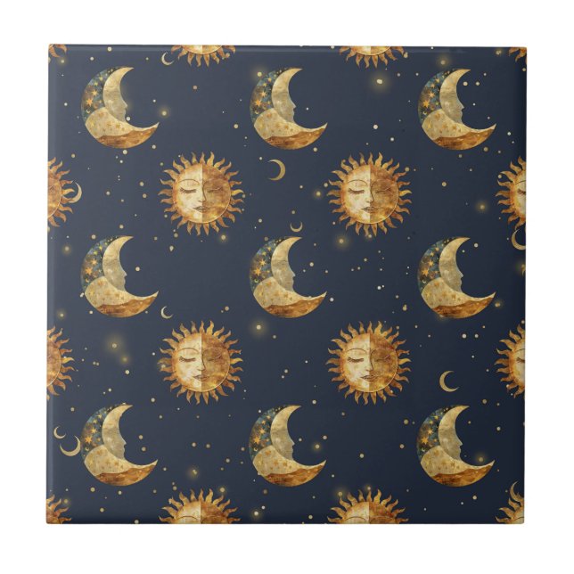 Azulejo De Cerâmica Padrão Estrela Celestial Sol & Lua Dourada Noite E (Frente)