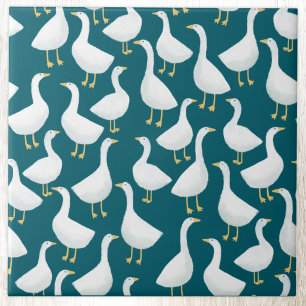 Azulejo De Cerâmica Padrão Excêntrico de Ganso Branco em Verde Teal Co