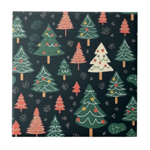 Azulejo De Cerâmica Padrão Festivo de Árvore de Natal Verde e Coral