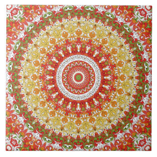 Azulejo De Cerâmica Padrão Fiesta Mandala em Vermelho, Amarelo e Verde