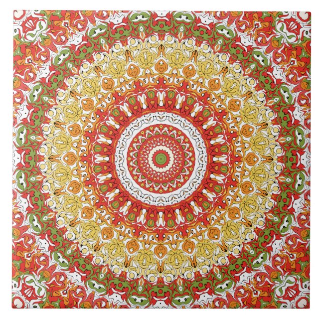 Azulejo De Cerâmica Padrão Fiesta Mandala em Vermelho, Amarelo e Verde (Frente)