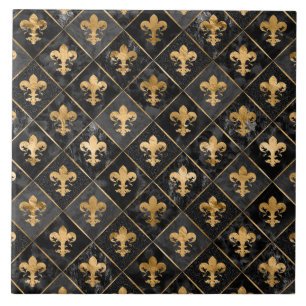 Azulejo De Cerâmica Padrão Fleur-de-lis Marble Preto e Dourado