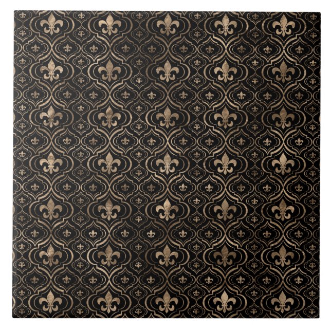 Azulejo De Cerâmica Padrão Fleur-de-lis preto e ouro (Frente)