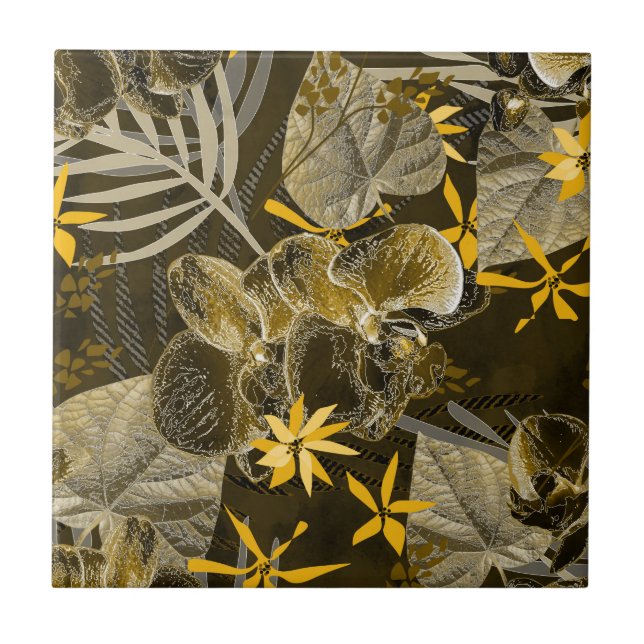 Azulejo De Cerâmica Padrão floral amarelo-acastanhado de aquarelas. (Frente)