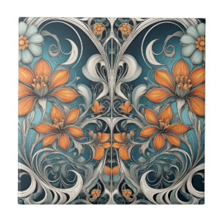 Azulejo De Cerâmica padrão floral Art Nouveau azul-turquesa laranja