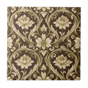 Azulejo De Cerâmica Padrão Floral Art Nouveau Creme Verde Ondulado