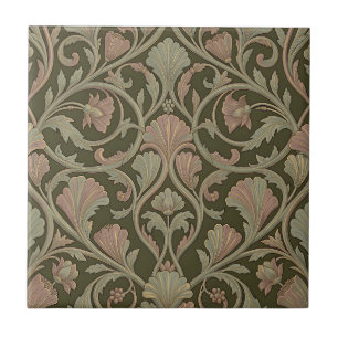 Azulejo De Cerâmica Padrão Floral Art Nouveau Verde Escuro Rosa Vintag