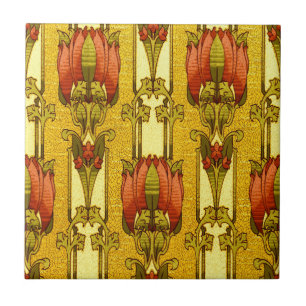 Azulejo De Cerâmica Padrão Floral Art Nouveau Vintage em Tulipa Vermel