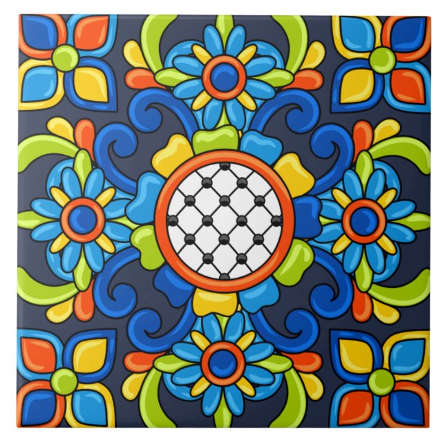 Azulejo De Cerâmica Padrão Floral Azul Abstrato de Arte Cura (Frente)