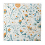 Azulejo De Cerâmica Padrão floral azul-alaranjado<br><div class="desc">Fundo branco. Decorrido com florais laranja e folhagem azul,  estilo folkart retrô</div>