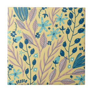 Azulejo De Cerâmica Padrão Floral Azul Botânico Moderno em Bege
