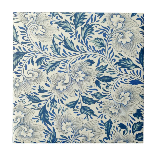 Azulejo De Cerâmica Padrão Floral Azul Design Asiático Antiquado (Frente)