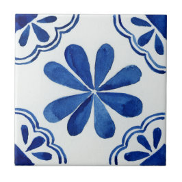Azulejo De Cerâmica Padrão Floral Azul e Branco Mediterrâneo