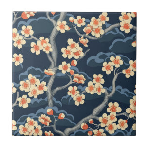 Azulejo De Cerâmica Padrão Floral Azul Marinho Coral Creme Sakura