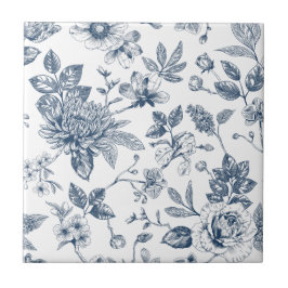 Azulejo De Cerâmica Padrão Floral Azul Marinho Vintage Toile-De-Jouy 