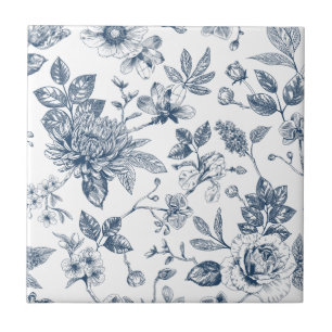 Azulejo De Cerâmica Padrão Floral Azul Marinho Vintage Toile-De-Jouy