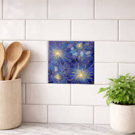 Azulejo De Cerâmica Padrão Floral Azul Ouro Moderno