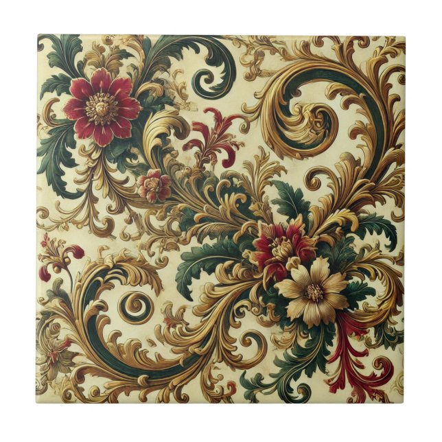 Azulejo De Cerâmica Padrão Floral Barroco com Dourado, Vermelho, Verde (Frente)