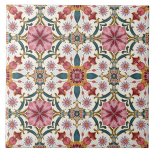 Azulejo De Cerâmica Padrão Floral Boho em Vermelho, Rosa e Azul Turque