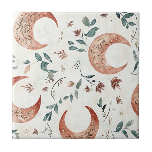 Azulejo De Cerâmica Padrão Floral Boho Rústico da Lua (Frente)