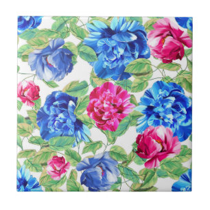 Azulejo De Cerâmica Padrão Floral Bonito Rosa Brilhante e Azul