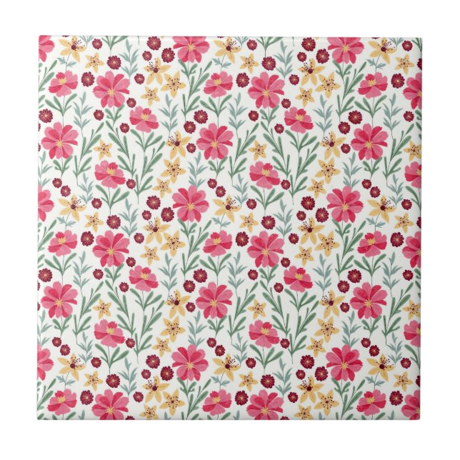 Azulejo De Cerâmica Padrão Floral bonito, rosa e amarelo, (Frente)